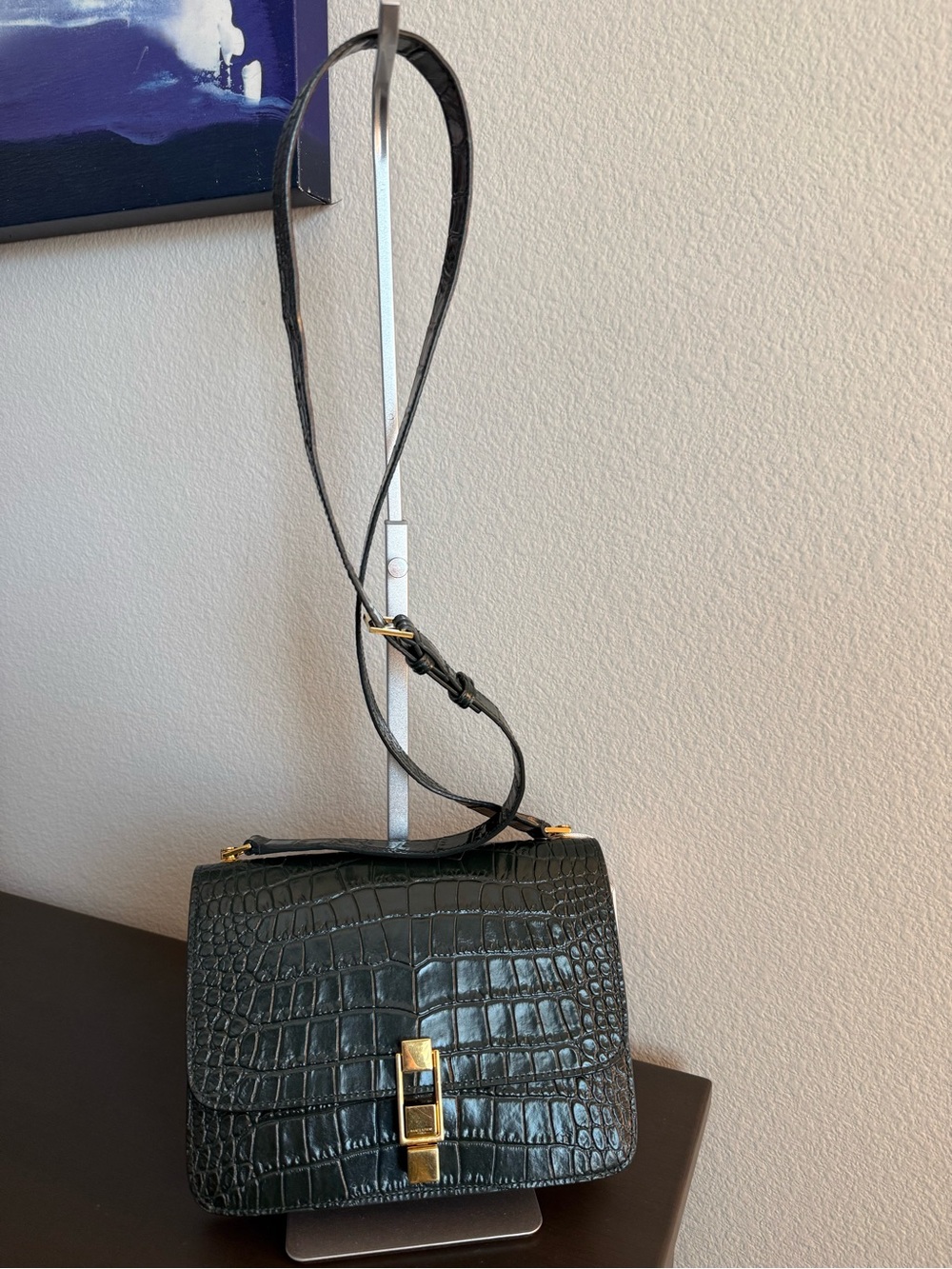 Saint Laurent Carre Dark Green Croc Embossed Leather Satchel Bag